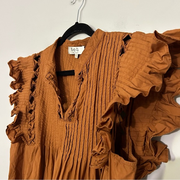 Sea New York Phoebe Ruffled Sleeve Poplin Mini Dress in Rust - Picture 6 of 8